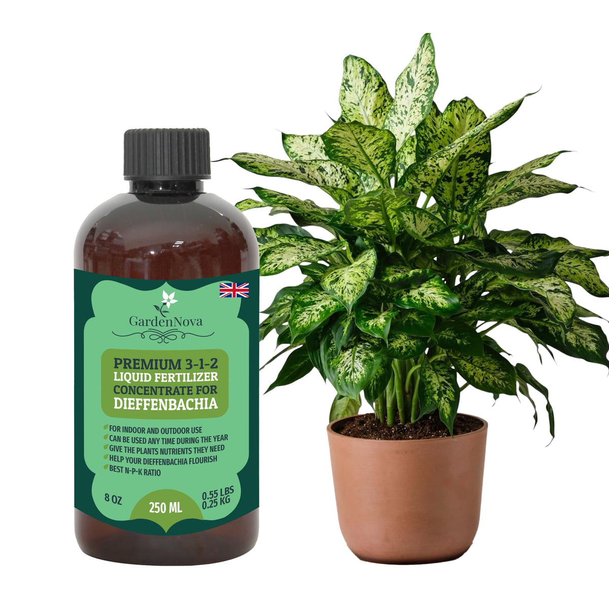 Premium Liquid Dieffenbachia Fertilizer - 3-1-2 Concentrate for Indoor Plants and Flowers by GardenNova | Organic Plant Food for Dieffenbachias - 8oz