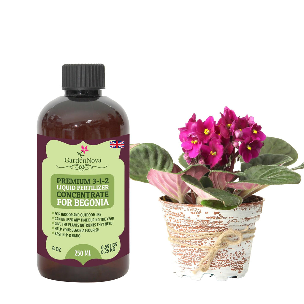 Premium Liquid Begonia Fertilizer - 3-1-2 Concentrate for Indoor Plants and Flowers by GardenNova | Organic Plant Food for Begonias - 8oz