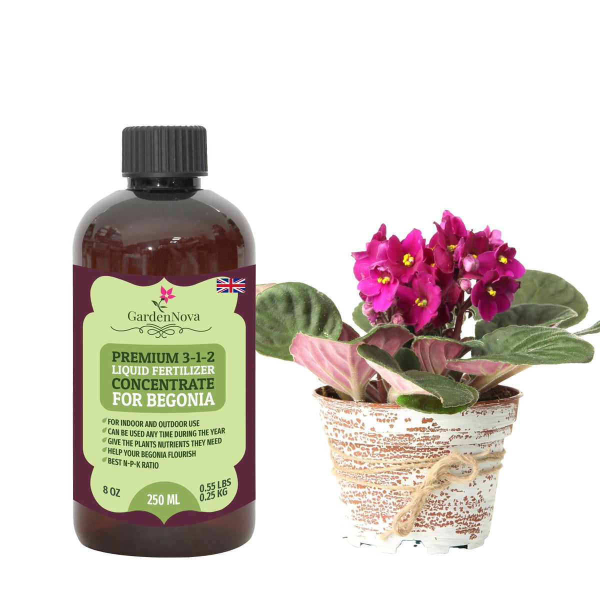 Premium Liquid Begonia Fertilizer - 3-1-2 Concentrate for Indoor Plants and Flowers by GardenNova | Organic Plant Food for Begonias - 8oz