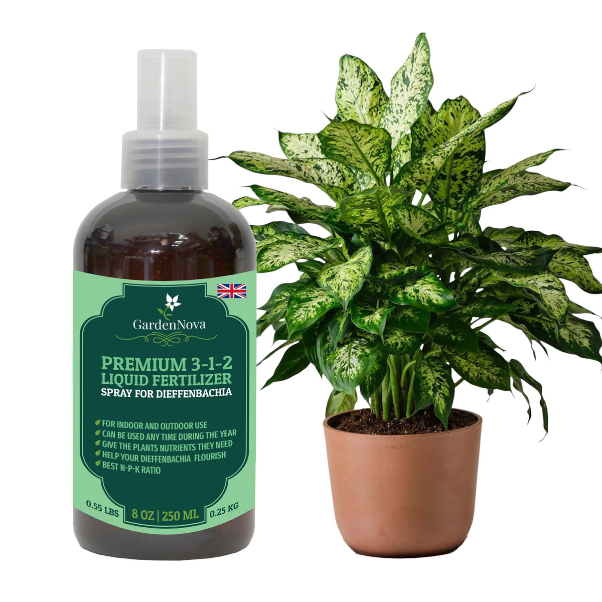 Professional Dieffenbachia Spray Fertilizer Mist for Home Gardening | 3-1-2 Gentle Blend Mist for Healthy Leaves & Growth | Essential Nutrients for Dieffenbachia - 8oz