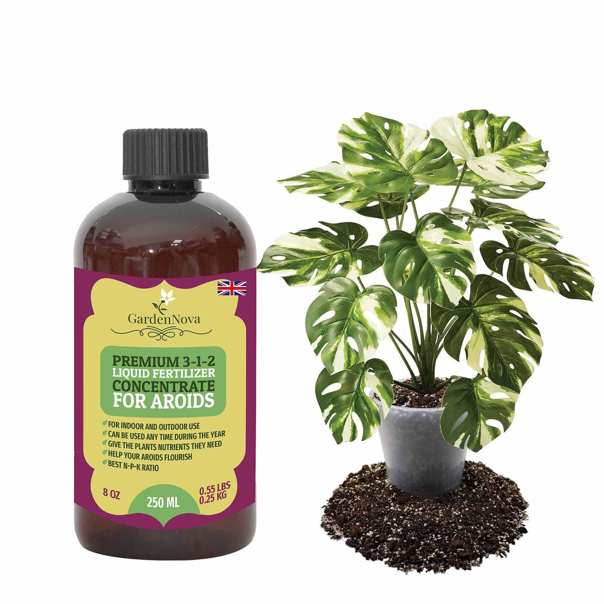 Premium Liquid AROID Plant Fertilizer - 3-1-2 Concentrate for Indoor Plants and Flowers by GardenNova | Organic Plant Food for AROIDS - 8oz
