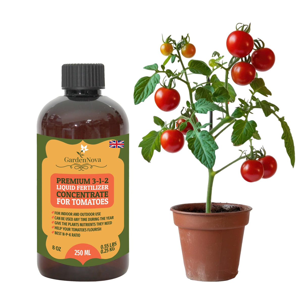 Premium Liquid Tomato Plant Fertilizer - 3-1-2 Concentrate for Indoor Plants and Flowers by GardenNova | Organic Plant Food for Tomatoes - 8oz