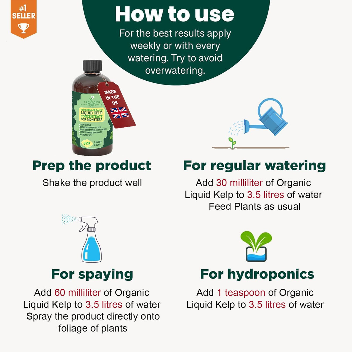 GARDENNOVA Premium Organic Seaweed & Kelp Superfood for Succulents & Cacti Plants - 8 oz - Liquid Kelp Fertilizer Concentrate (Makes 25 Litres)