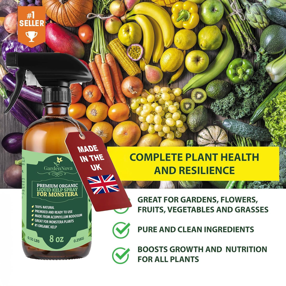 GARDENNOVA Professional Organic Liquid Kelp Spray for Dieffenbachia - 8 oz - Ready-to-Use Fully Organic Seaweed & Kelp Fertilizer Mist