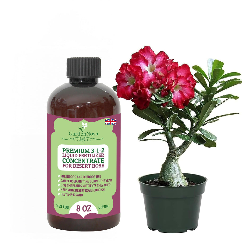 Premium Liquid Desert Rose Plant Fertilizer - 3-1-2 Concentrate for Indoor Plants and Flowers by GardenNova | Organic Plant Food for Desert Roses - 8oz