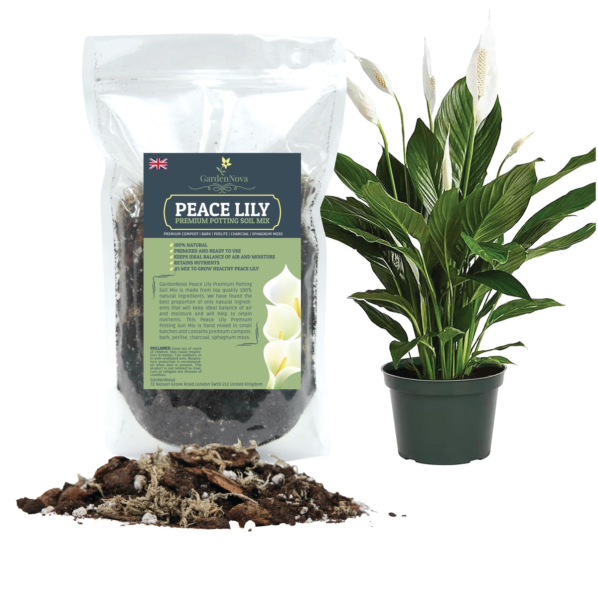GardenNova's Expert Blend for Peace Lilies: Premium Organic Compost, Bark, Perlite, Charcoal, Sphagnum Ideal for Indoor Plants - 10 Liters (2 Bags of 5 Liters)